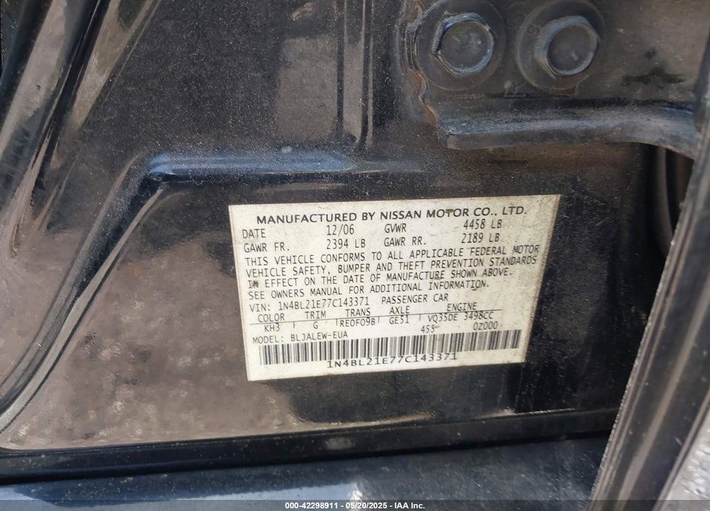 2007 NISSAN ALTIMA VIN: 1N4BL21E77C143371