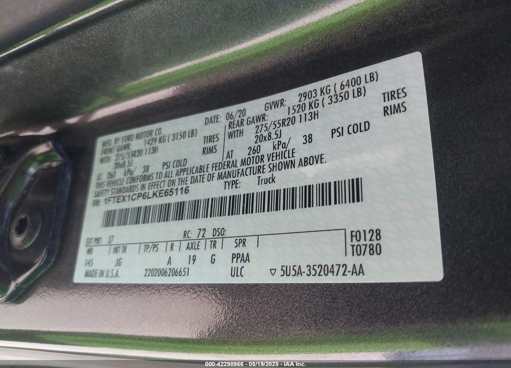 2020 FORD F-150 VIN: 1FTEX1CP6LKE65116