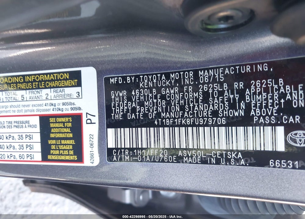 2015 TOYOTA CAMRY SE VIN: 4T1BF1FK8FU979706