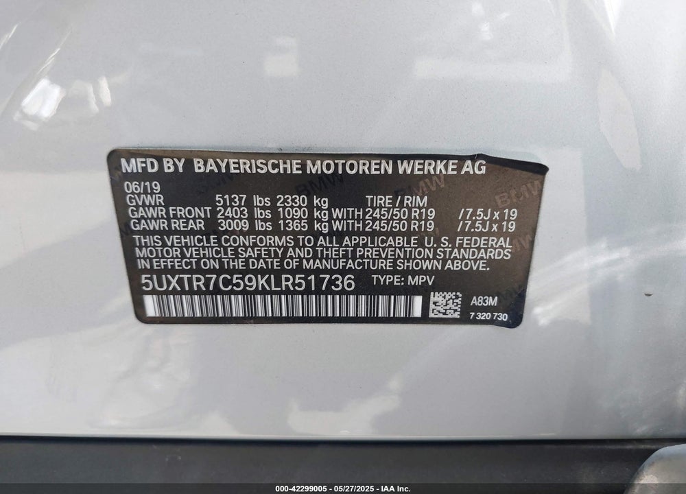 2019 BMW X3 SDRIVE30I VIN: 5UXTR7C59KLR51736