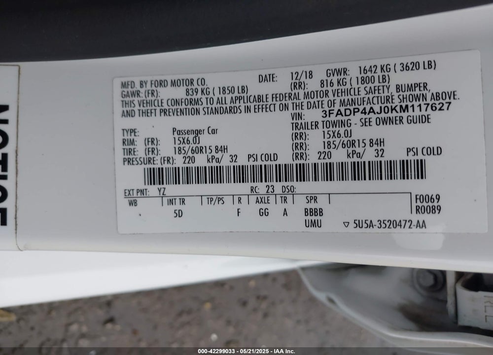 2019 FORD FIESTA VIN: 3FADP4AJ0KM117627
