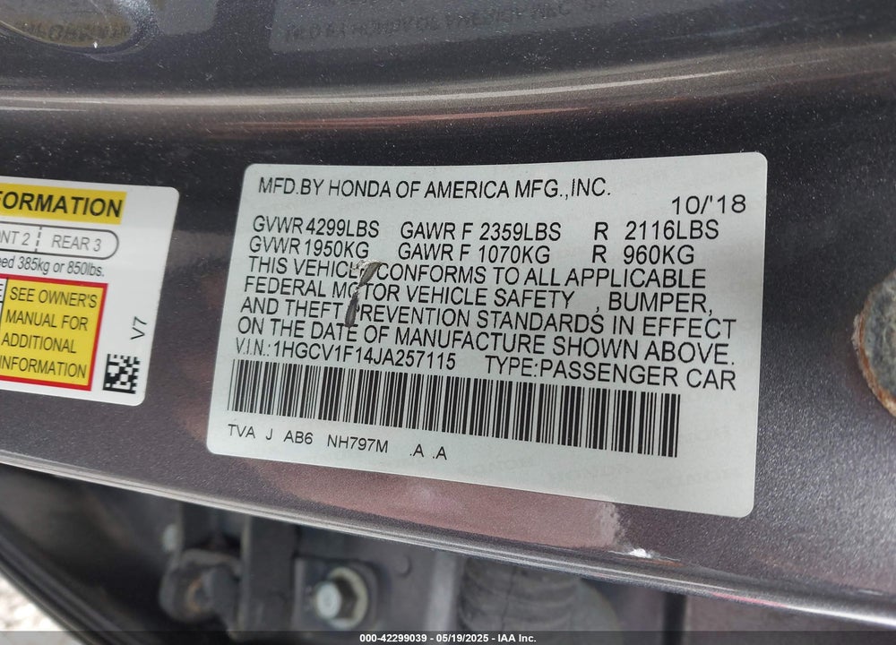 2018 HONDA ACCORD LX VIN: 1HGCV1F14JA257115