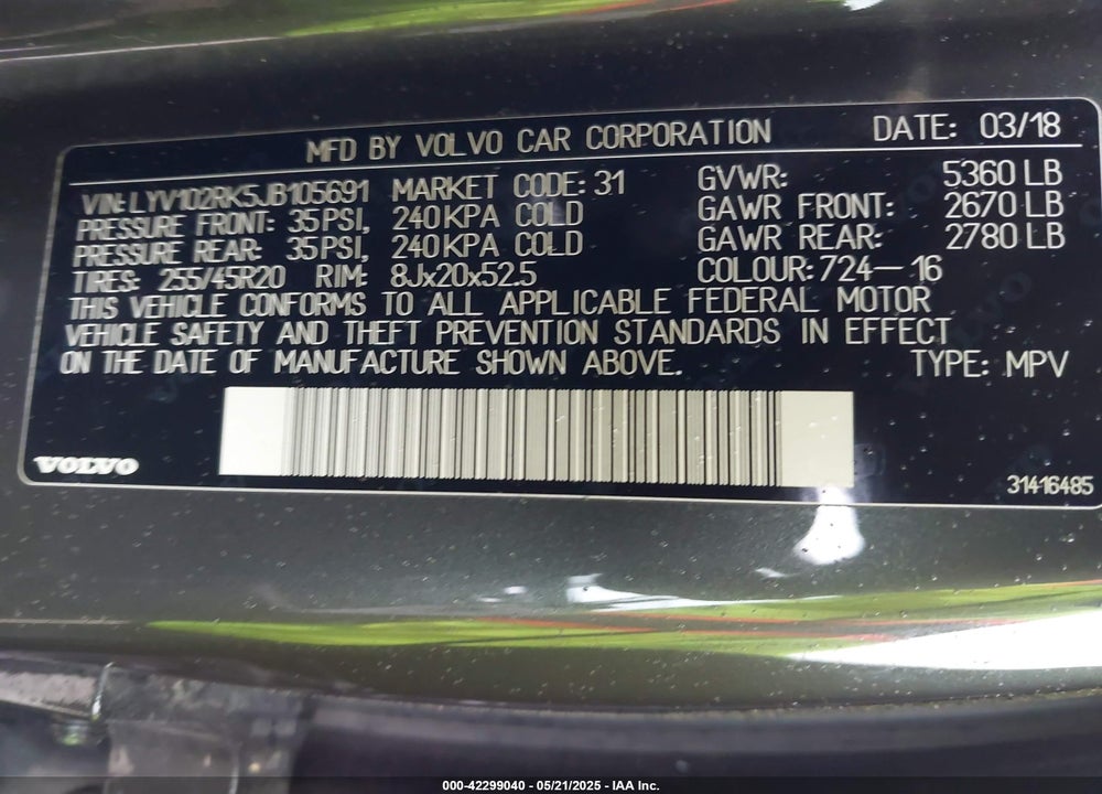 2018 VOLVO XC60 VIN: LYV102RK5JB105691