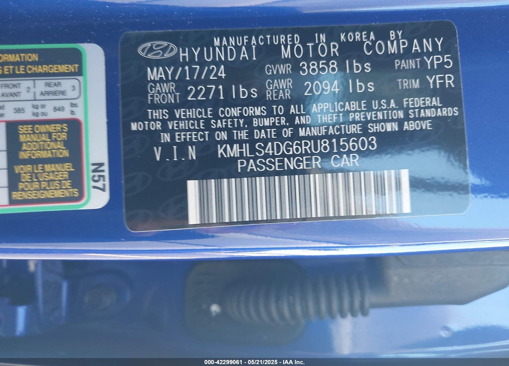 2024 HYUNDAI ELANTRA SEL VIN: KMHLS4DG6RU815603