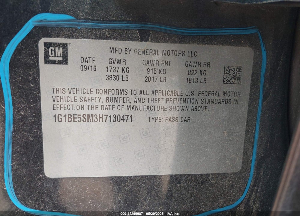 2017 CHEVROLET CRUZE LT AUTO VIN: 1G1BE5SM3H7130471
