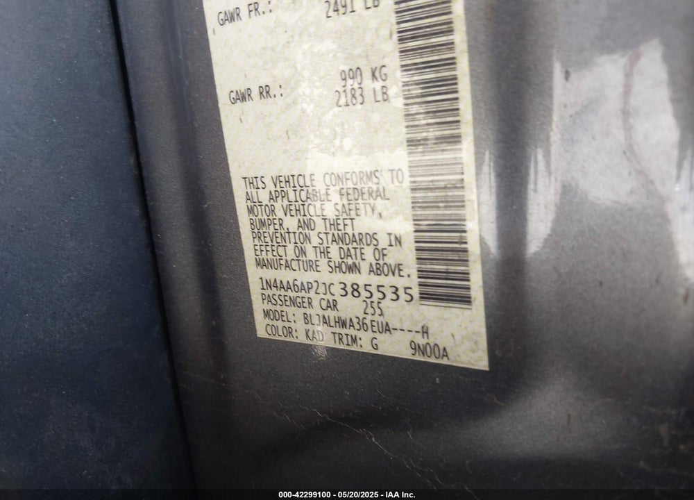 2018 NISSAN MAXIMA VIN: 1N4AA6AP2JC385535