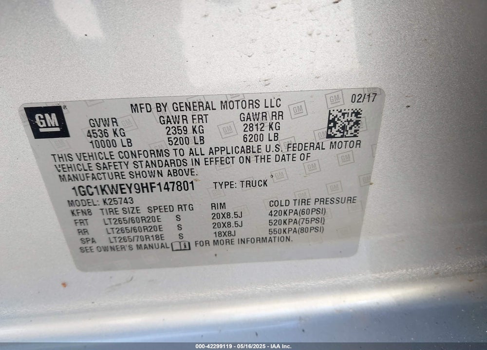 2017 CHEVROLET SILVERADO 2500HD LTZ VIN: 1GC1KWEY9HF147801