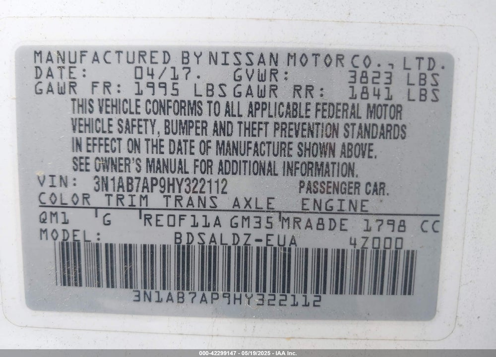 2017 NISSAN SENTRA SV VIN: 3N1AB7AP9HY322112
