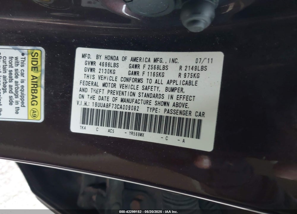 2012 ACURA TL 3.5 VIN: 19UUA8F73CA009082