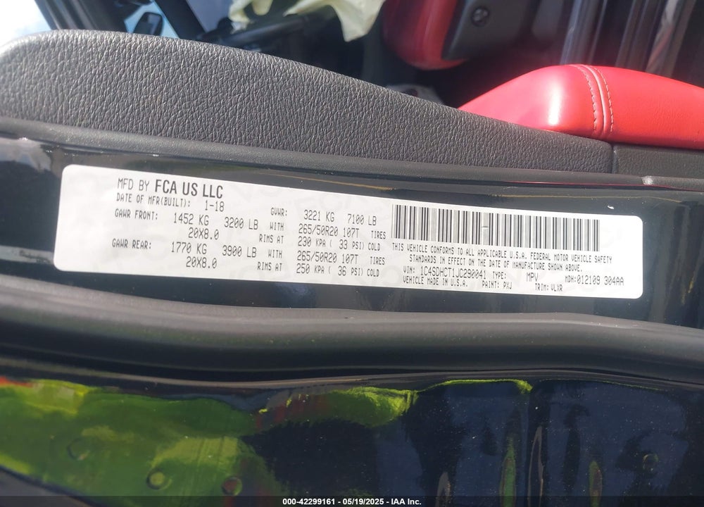 2018 DODGE DURANGO VIN: 1C4SDHCT1JC290041