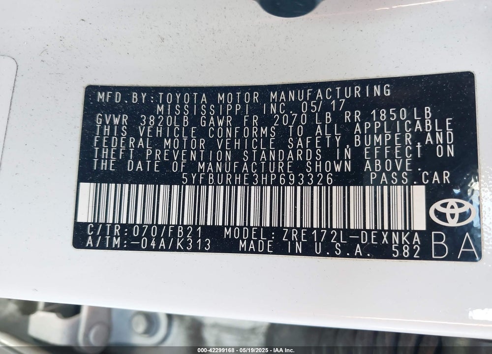 2017 TOYOTA COROLLA VIN: 5YFBURHE3HP693326