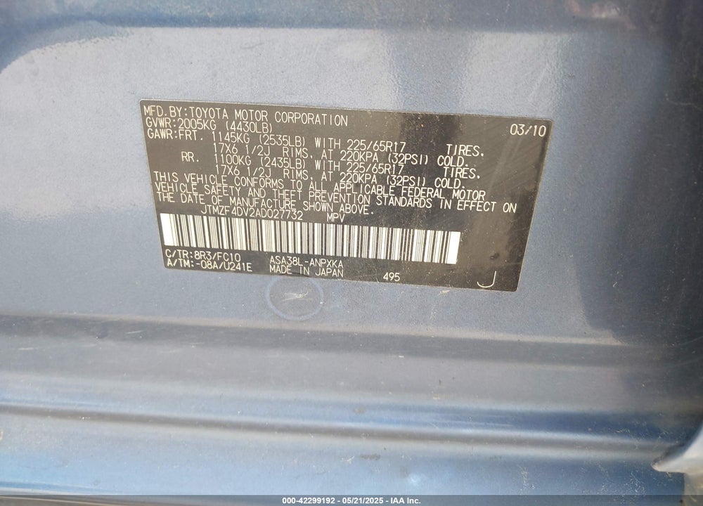 2010 TOYOTA RAV4 VIN: JTMZF4DV2AD027732