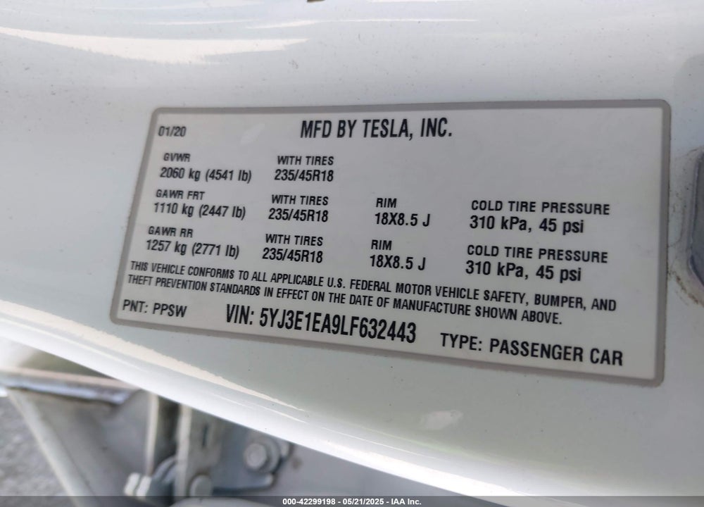 2020 TESLA MODEL 3 STANDARD RANGE PLUS REAR-WHEEL DRIVE/STANDARD RANGE REAR-WHEEL DRIVE VIN: 5YJ3E1EA9LF632443