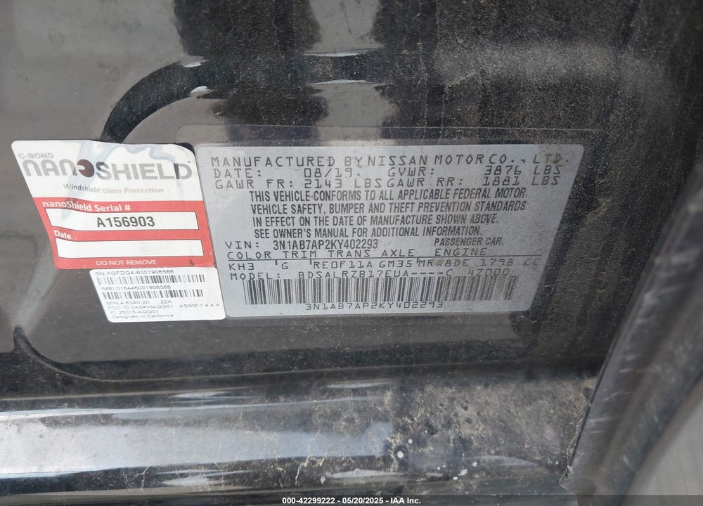 2019 NISSAN SENTRA VIN: 3N1AB7AP2KY402293