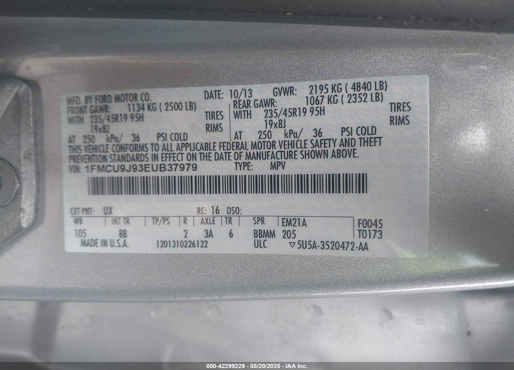 2014 FORD ESCAPE VIN: 1FMCU9J93EUB37979