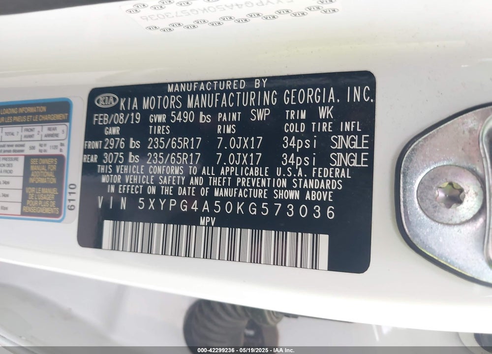 2019 KIA SORENTO VIN: 5XYPG4A50KG573036