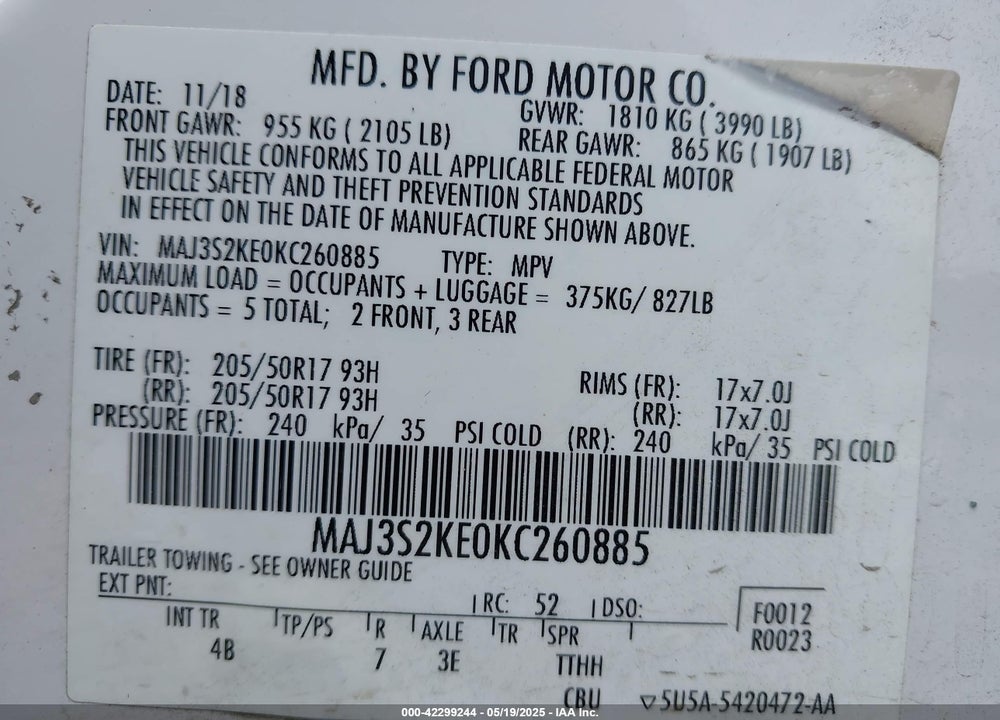 2019 FORD ECOSPORT VIN: MAJ3S2KE0KC260885