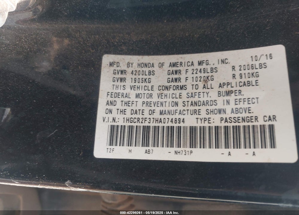 2017 HONDA ACCORD VIN: 1HGCR2F37HA074894