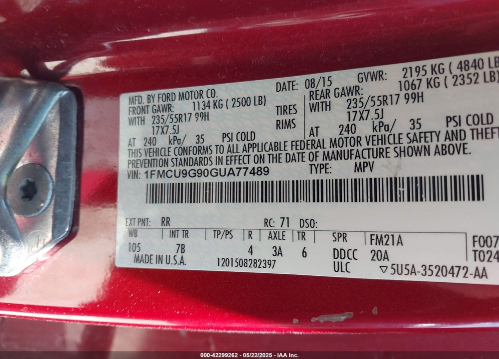 2016 FORD ESCAPE SE VIN: 1FMCU9G90GUA77489