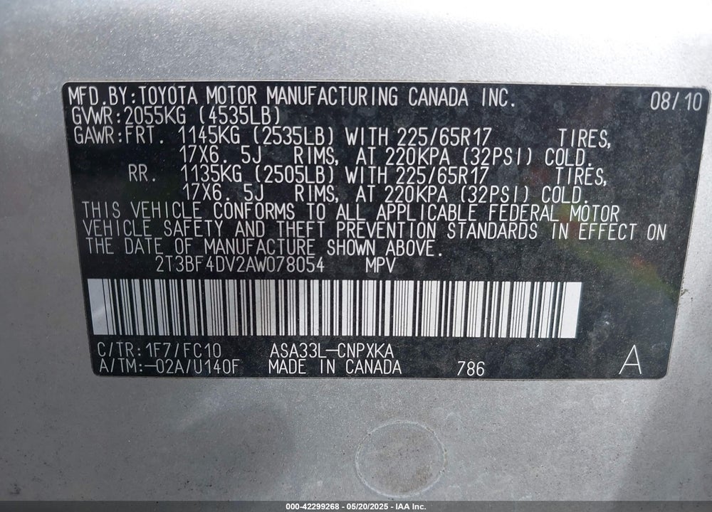 2010 TOYOTA RAV4 VIN: 2T3BF4DV2AW078054