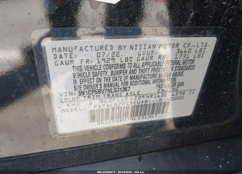 2022 NISSAN KICKS VIN: 3N1CP5BV7NL531367
