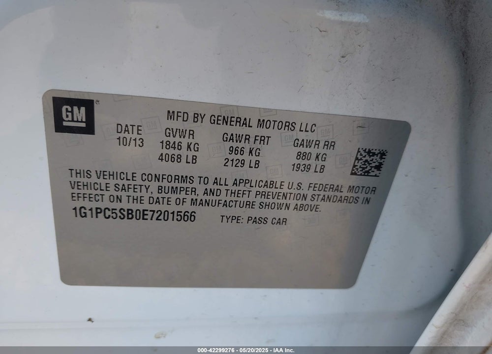 2014 CHEVROLET CRUZE VIN: 1G1PC5SB0E7201566