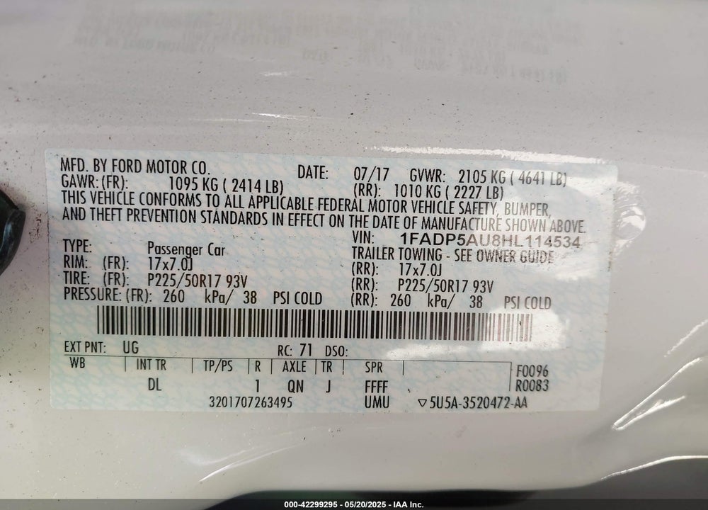 2017 FORD C-MAX HYBRID VIN: 1FADP5AU8HL114534