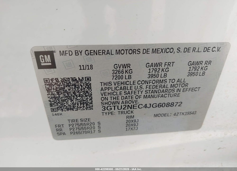 2018 GMC SIERRA VIN: 3GTU2NEC4JG608872
