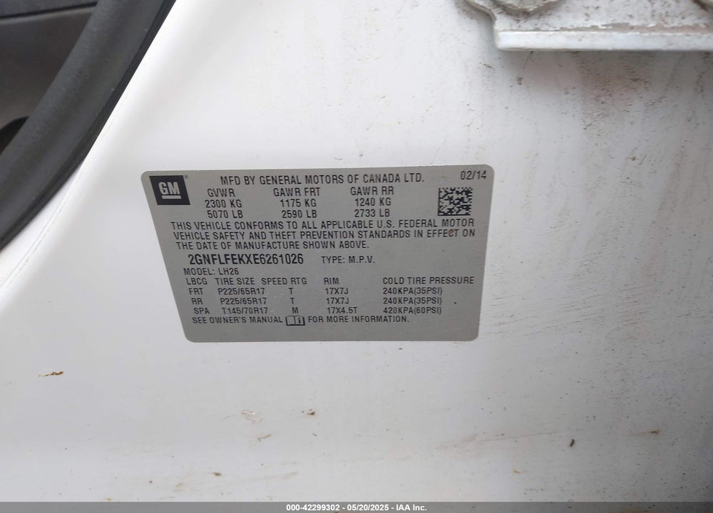 2014 CHEVROLET EQUINOX 1LT VIN: 2GNFLFEKXE6261026