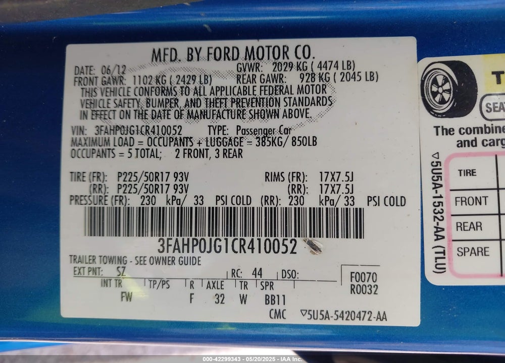 2012 FORD FUSION VIN: 3FAHP0JG1CR410052
