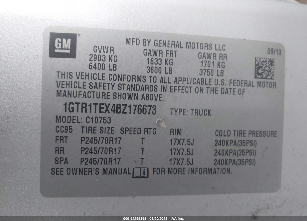2011 GMC SIERRA 1500 VIN: 1GTR1TEX4BZ176673