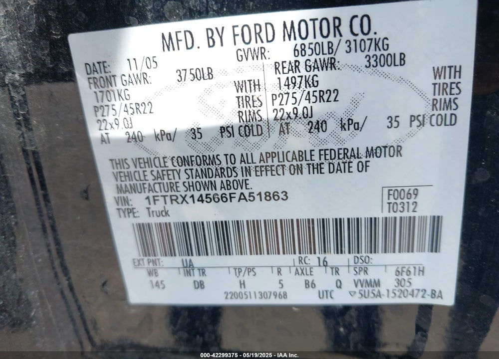 2006 FORD F-150 FX4/LARIAT/XL/XLT VIN: 1FTRX14566FA51863