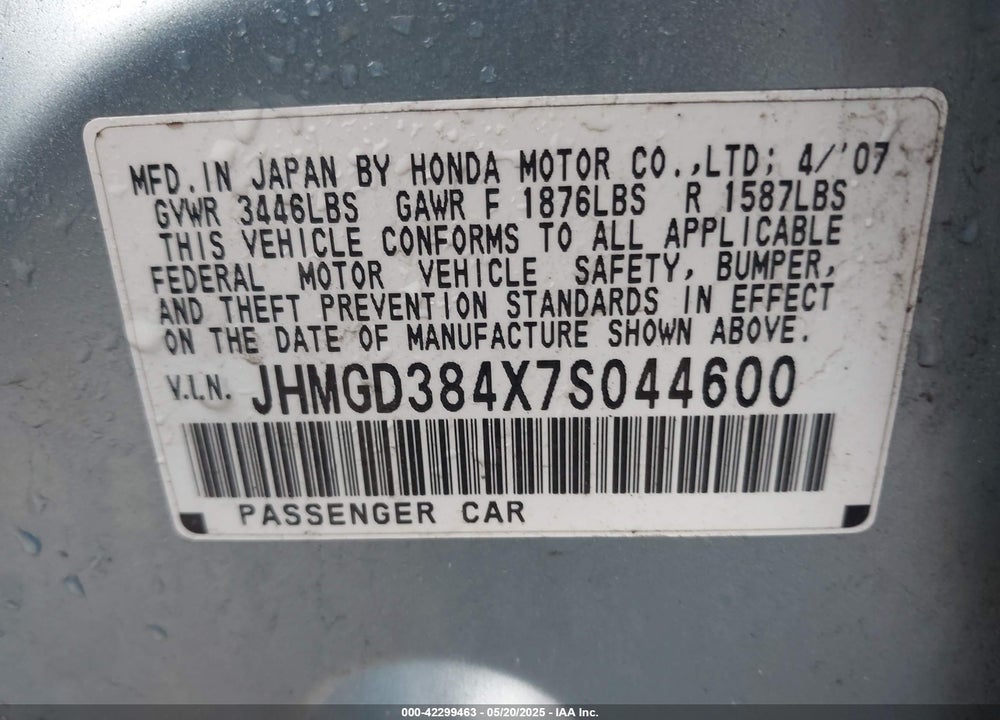2007 HONDA FIT VIN: JHMGD384X7S044600