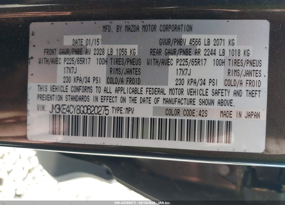 2016 MAZDA CX-5 TOURING VIN: JM3KE4CY8G0620275