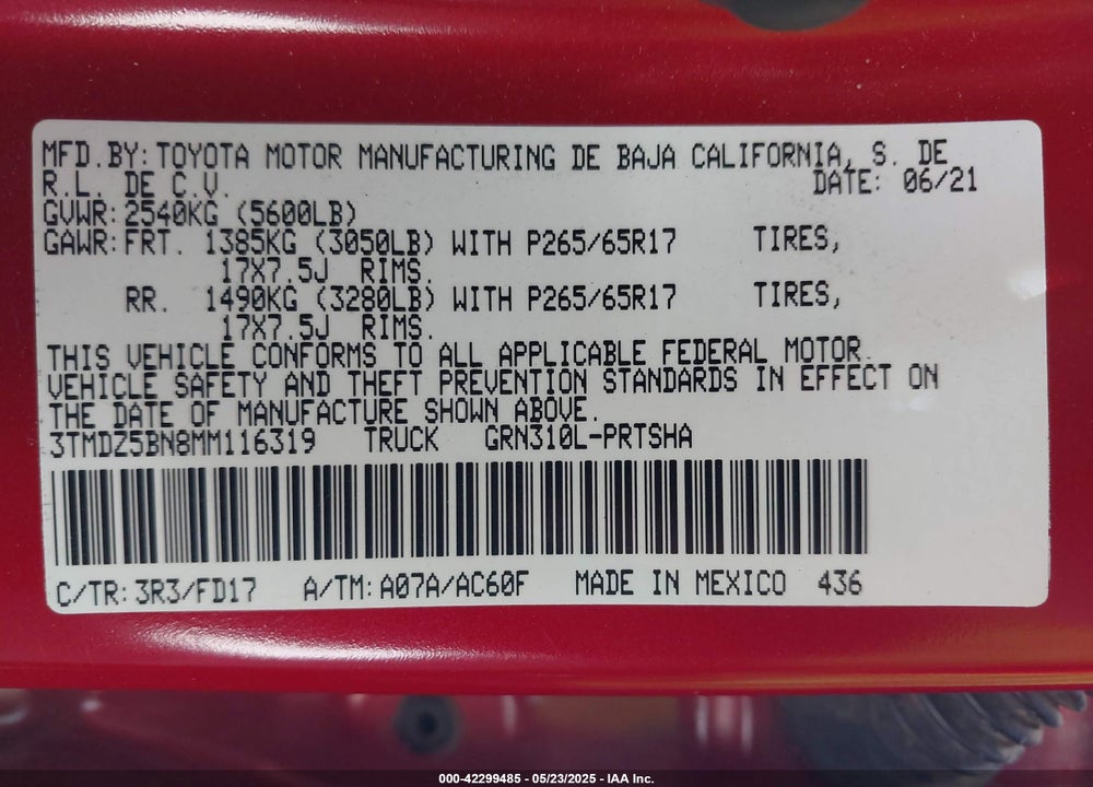 2021 TOYOTA TACOMA TRD SPORT VIN: 3TMDZ5BN8MM116319