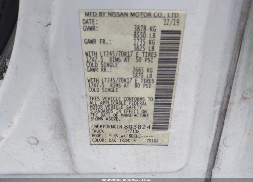 2020 NISSAN NV CARGO NV1500 VIN: 1N6BF0KM0LN803824