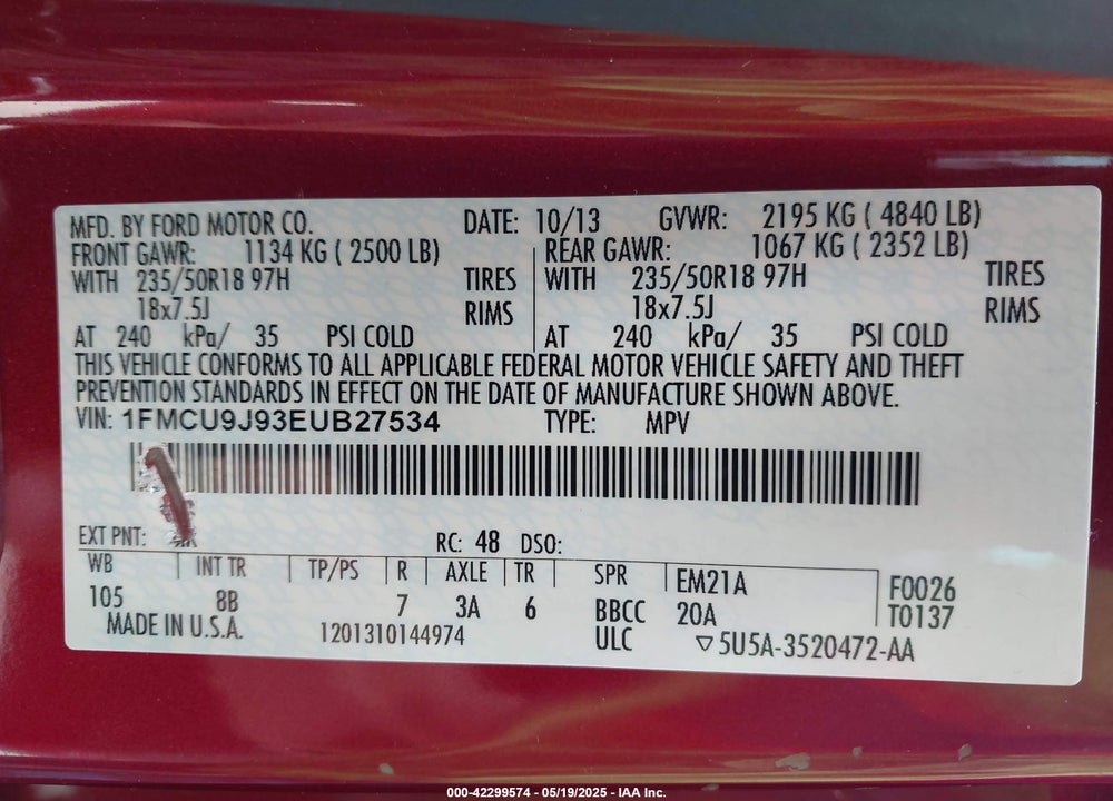 2014 FORD ESCAPE TITANIUM VIN: 1FMCU9J93EUB27534