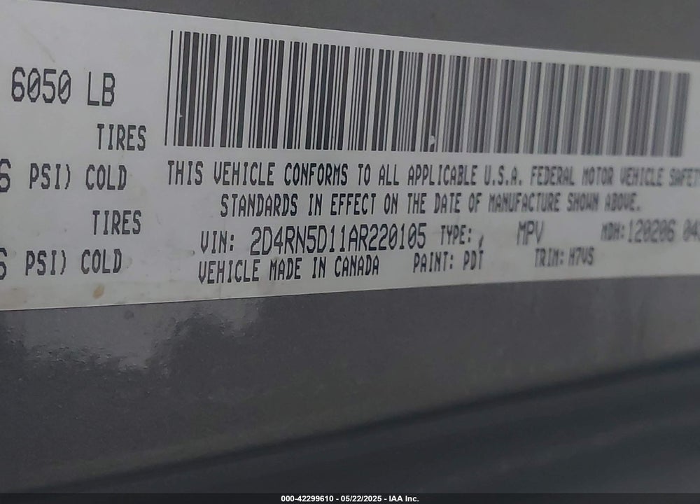 2010 DODGE GRAND CARAVAN VIN: 2D4RN5D11AR220105