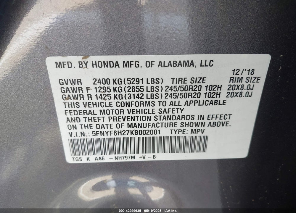 2019 HONDA PASSPORT SPORT VIN: 5FNYF8H27KB002001