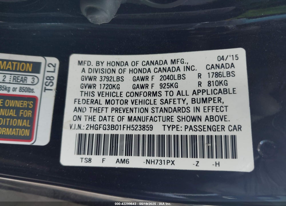 2015 HONDA CIVIC EX-L VIN: 2HGFG3B01FH523859