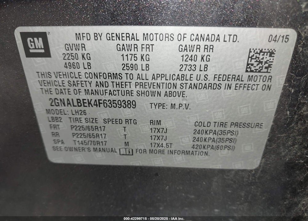 2015 CHEVROLET EQUINOX VIN: 2GNALBEK4F6359389
