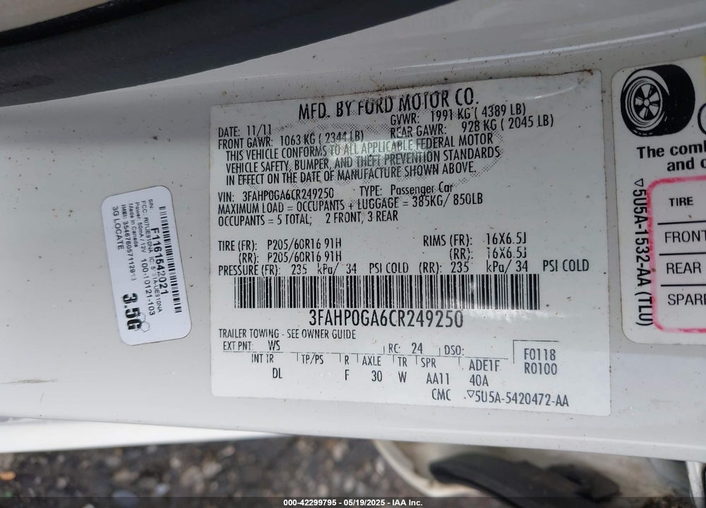 2012 FORD FUSION VIN: 3FAHP0GA6CR249250