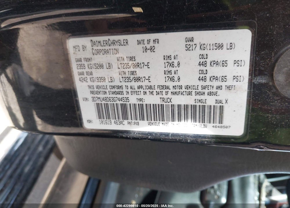 2003 DODGE RAM 3500 SLT/LARAMIE/ST VIN: 3D7MU48D63G744535