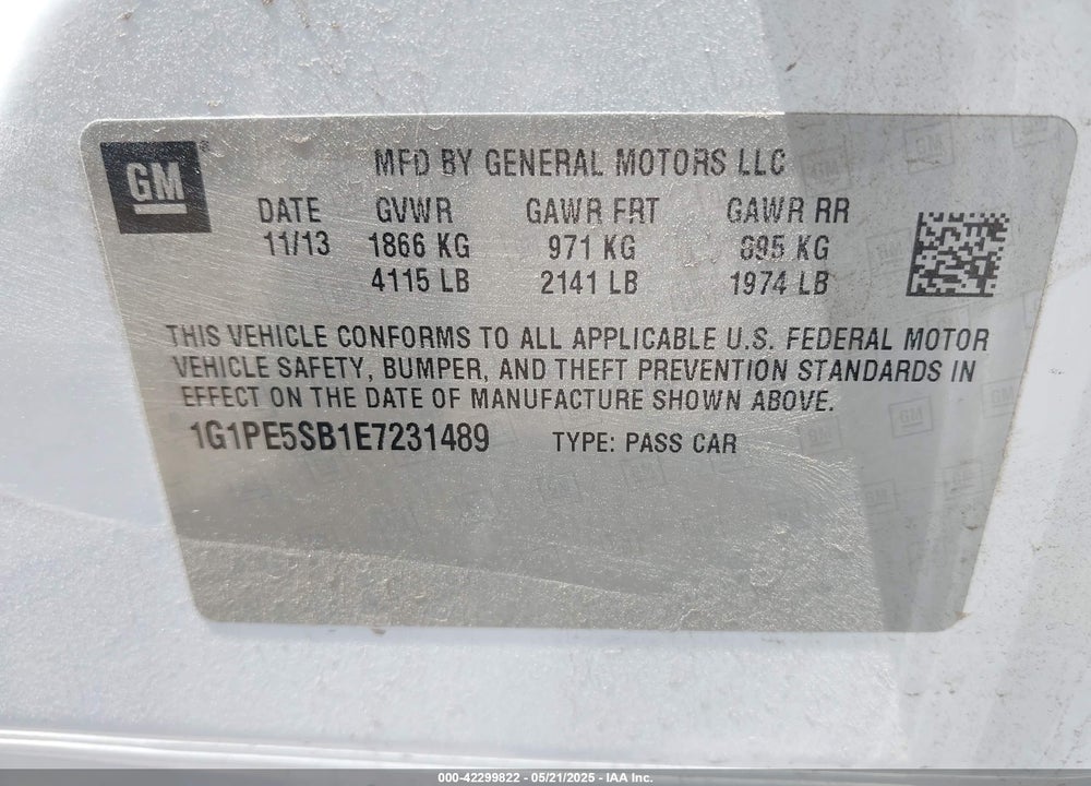 2014 CHEVROLET CRUZE VIN: 1G1PE5SB1E7231489