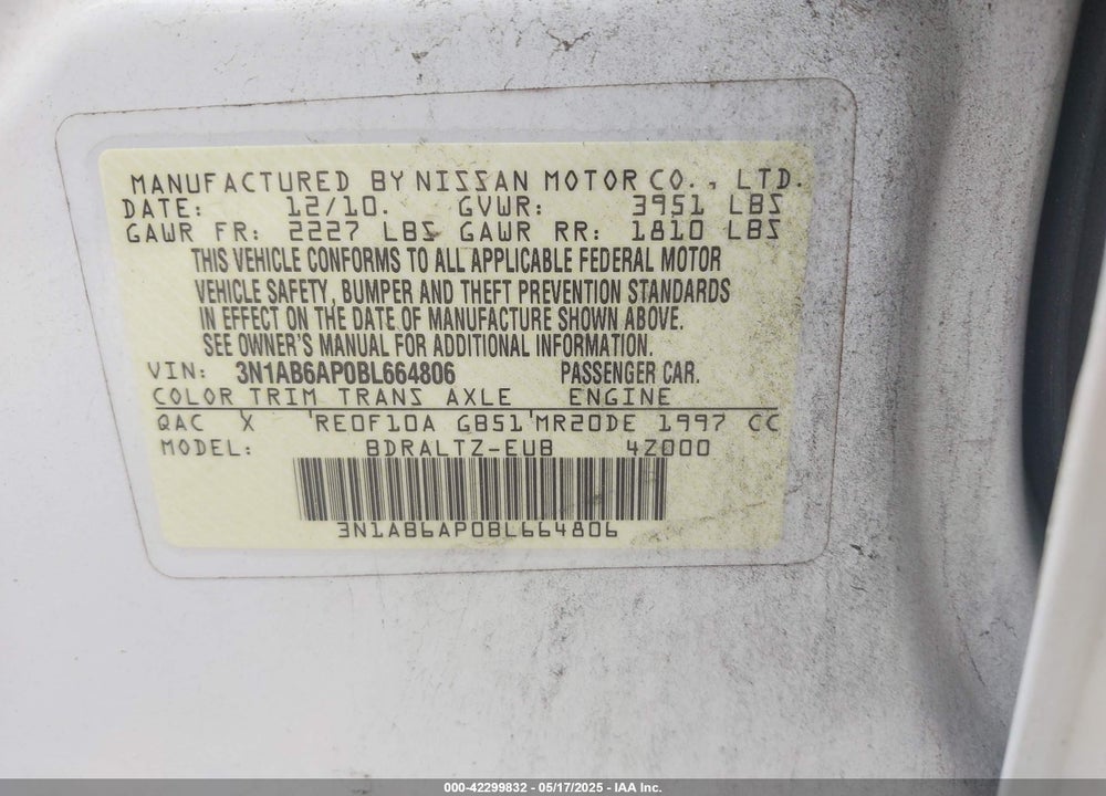 2011 NISSAN SENTRA 2.0S VIN: 3N1AB6AP0BL664806