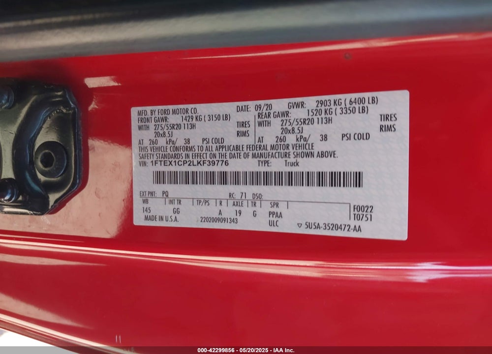 2020 FORD F-150 XL VIN: 1FTEX1CP2LKF39776