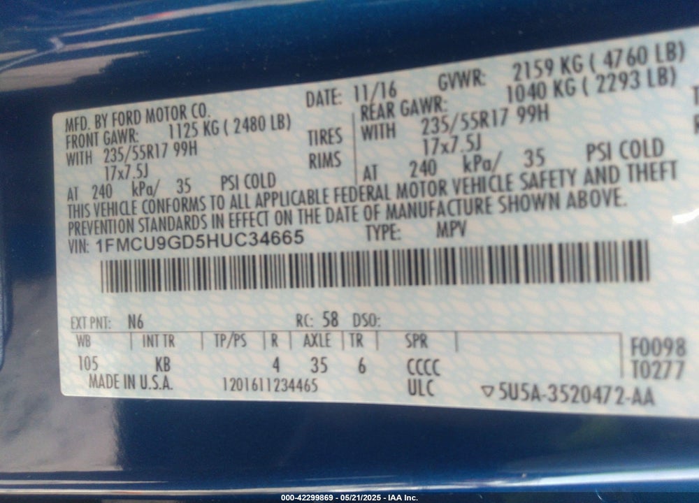 2017 FORD ESCAPE VIN: 1FMCU9GD5HUC34665