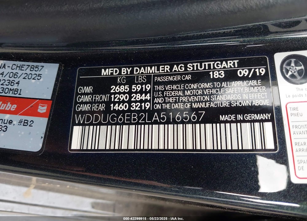 2020 MERCEDES-BENZ S CLASS VIN: WDDUG6EB2LA516567
