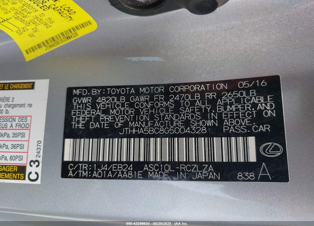 2016 LEXUS RC 200T VIN: JTHHA5BC8G5004328