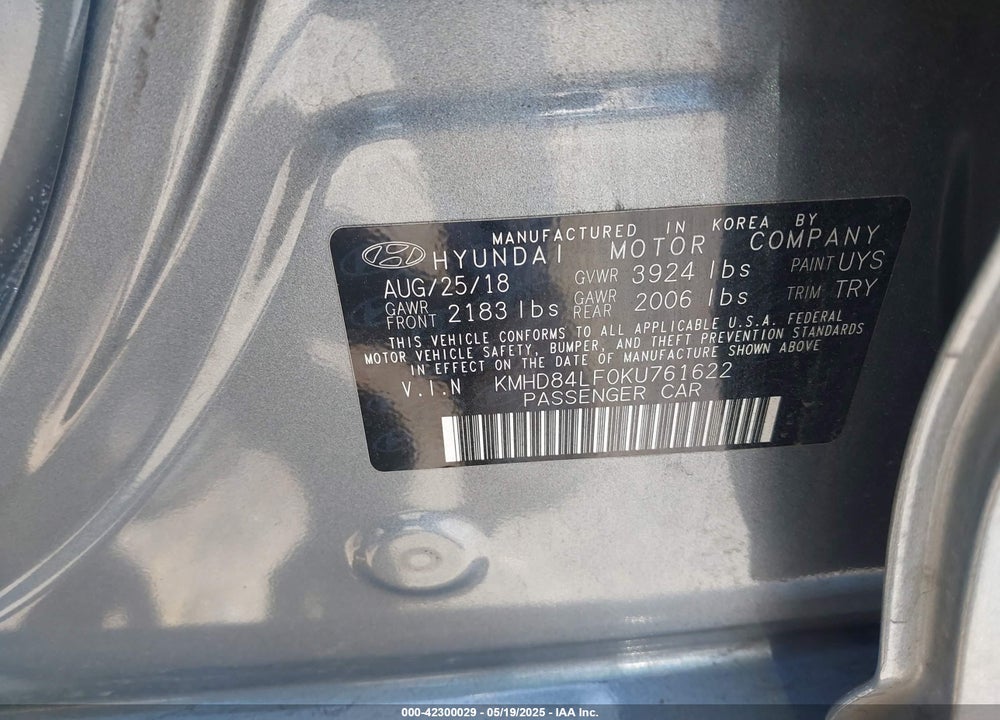 2019 HYUNDAI ELANTRA VIN: KMHD84LF0KU761622